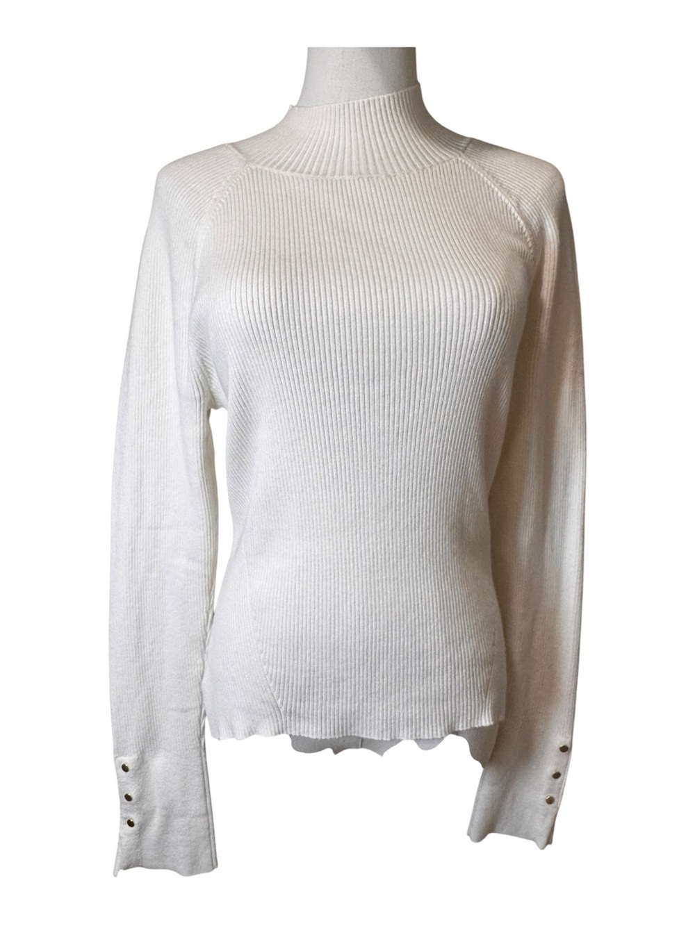 NWT Derek Lam 10 Crosby Mock Neck Button Cuff Ribbed Knit Sweater Ivory L